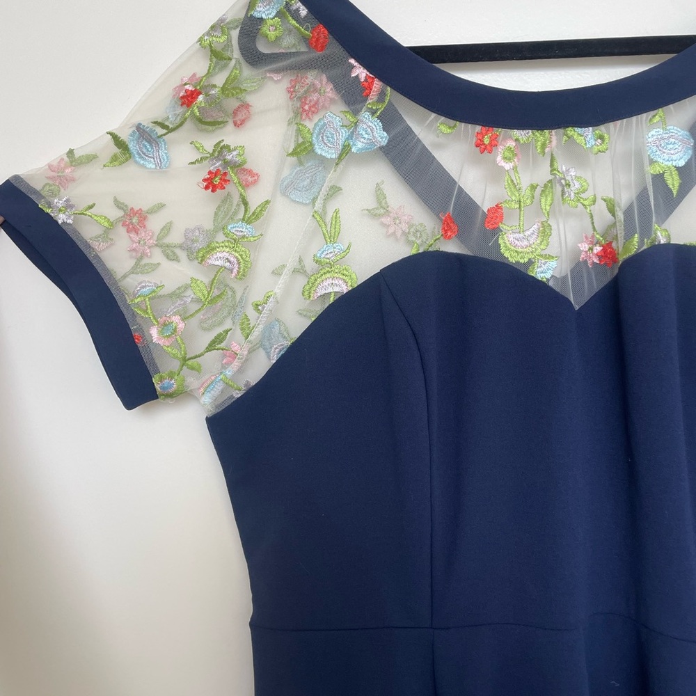Navy blue floral embroidery dress HAS POCKETS